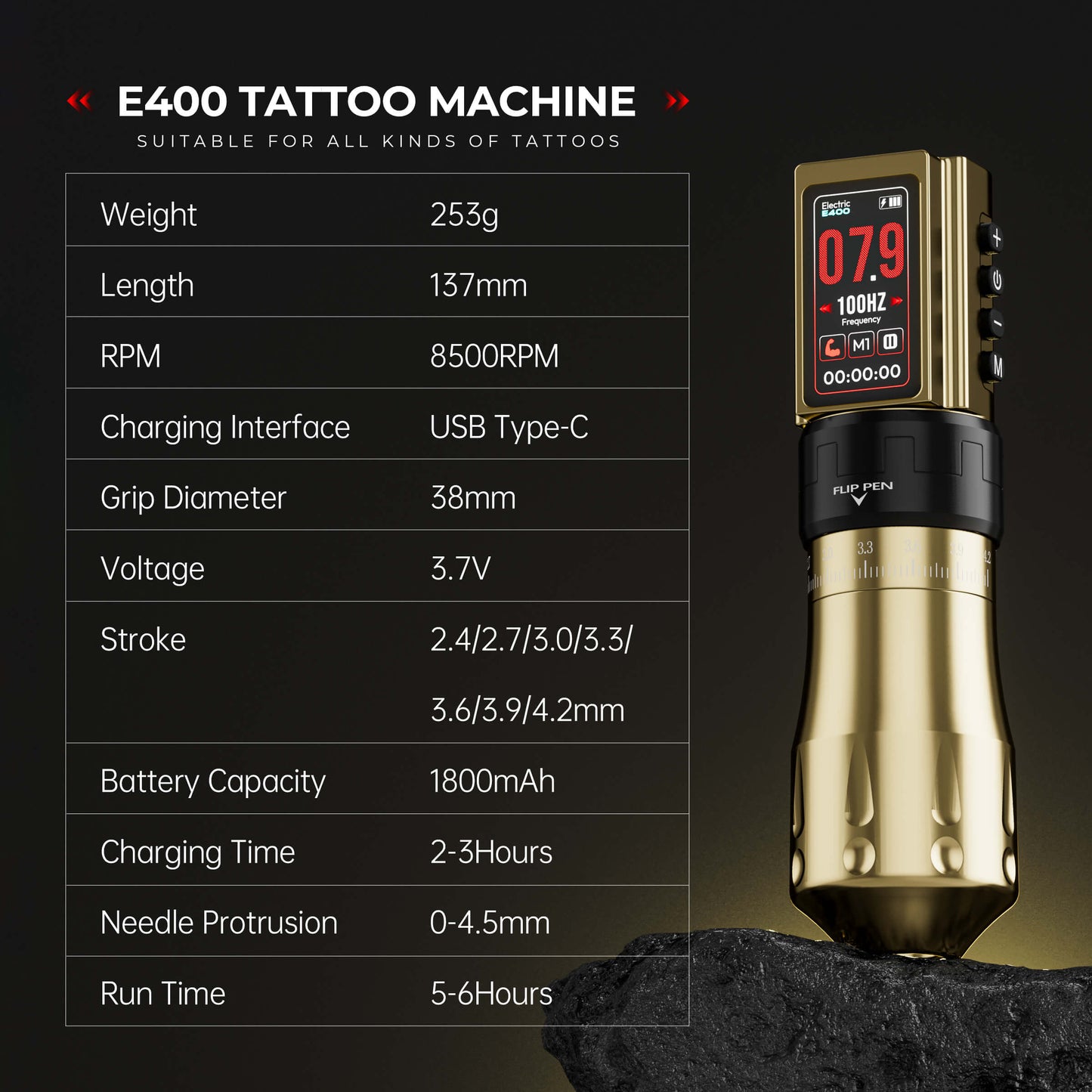 CNC E400 Wireless Tattoo Pen Machine, 3600mAh Dual Battery, Adjustable 7 Strokes (2.4–4.2mm), LED Display, Brushless Motor