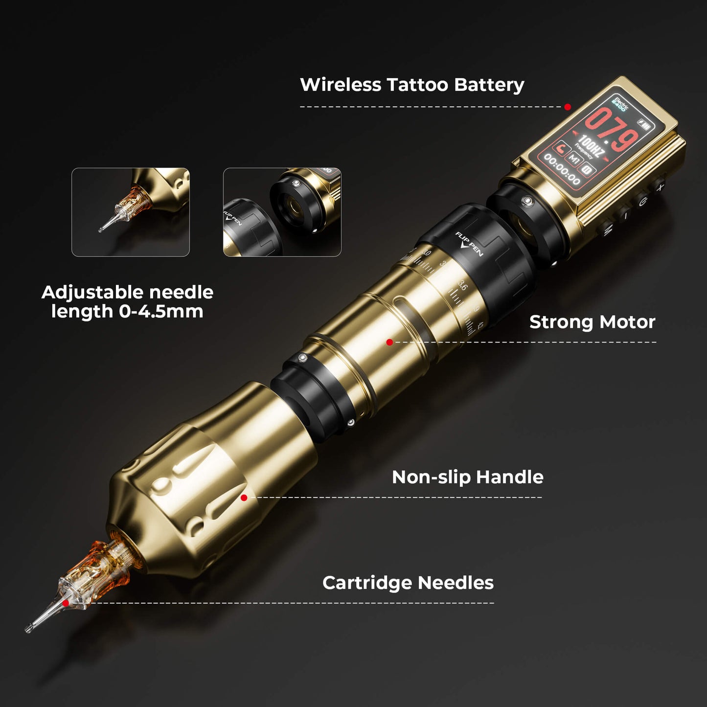 CNC E400 Wireless Tattoo Pen Machine, 3600mAh Dual Battery, Adjustable 7 Strokes (2.4–4.2mm), LED Display, Brushless Motor