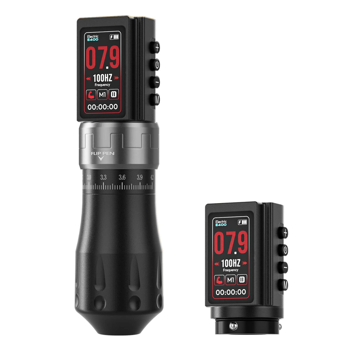 CNC E400 Wireless Tattoo Pen Machine, 3600mAh Dual Battery, Adjustable 7 Strokes (2.4–4.2mm), LED Display, Brushless Motor