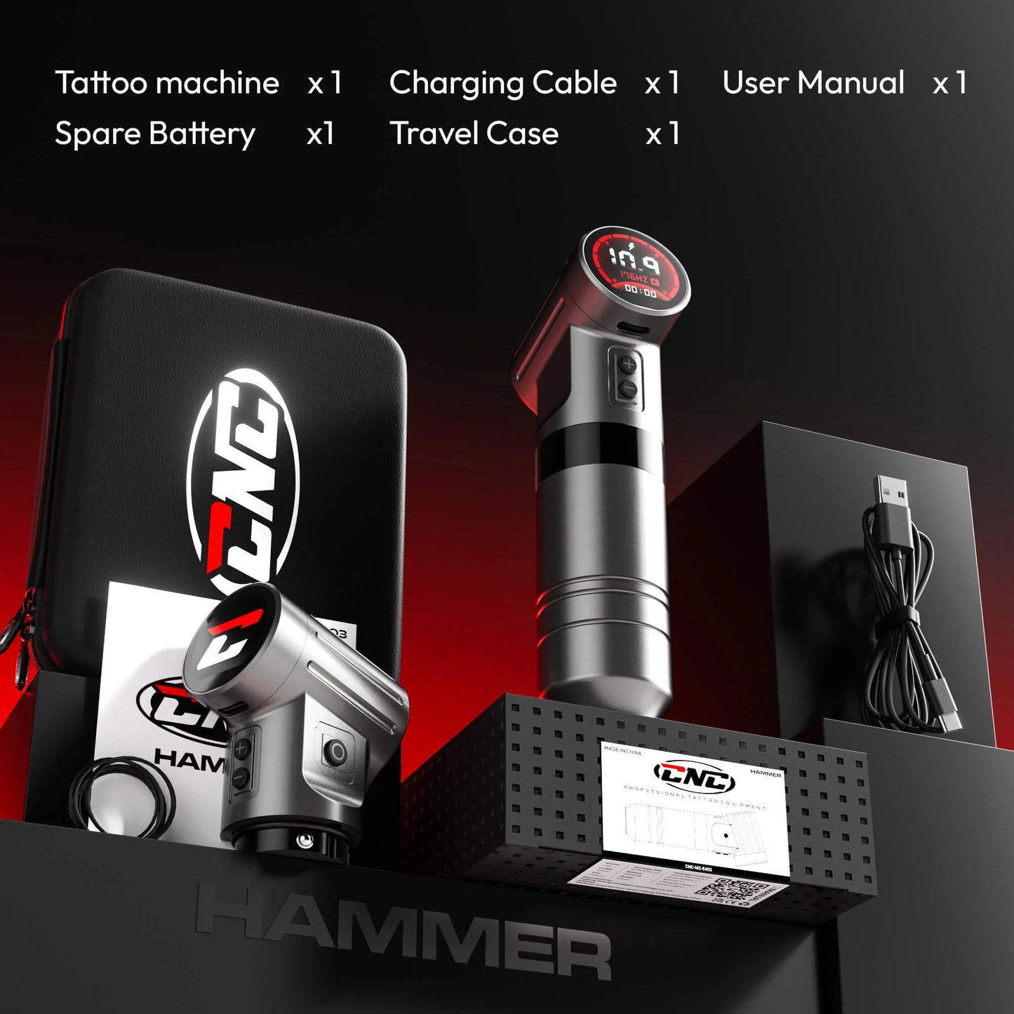 CNC HAMMER–4.0mm Stroke Wireless Tattoo Machine Dual 2000mAh Batteries 9800 RPM Coreless Motor Precision & Durable Design