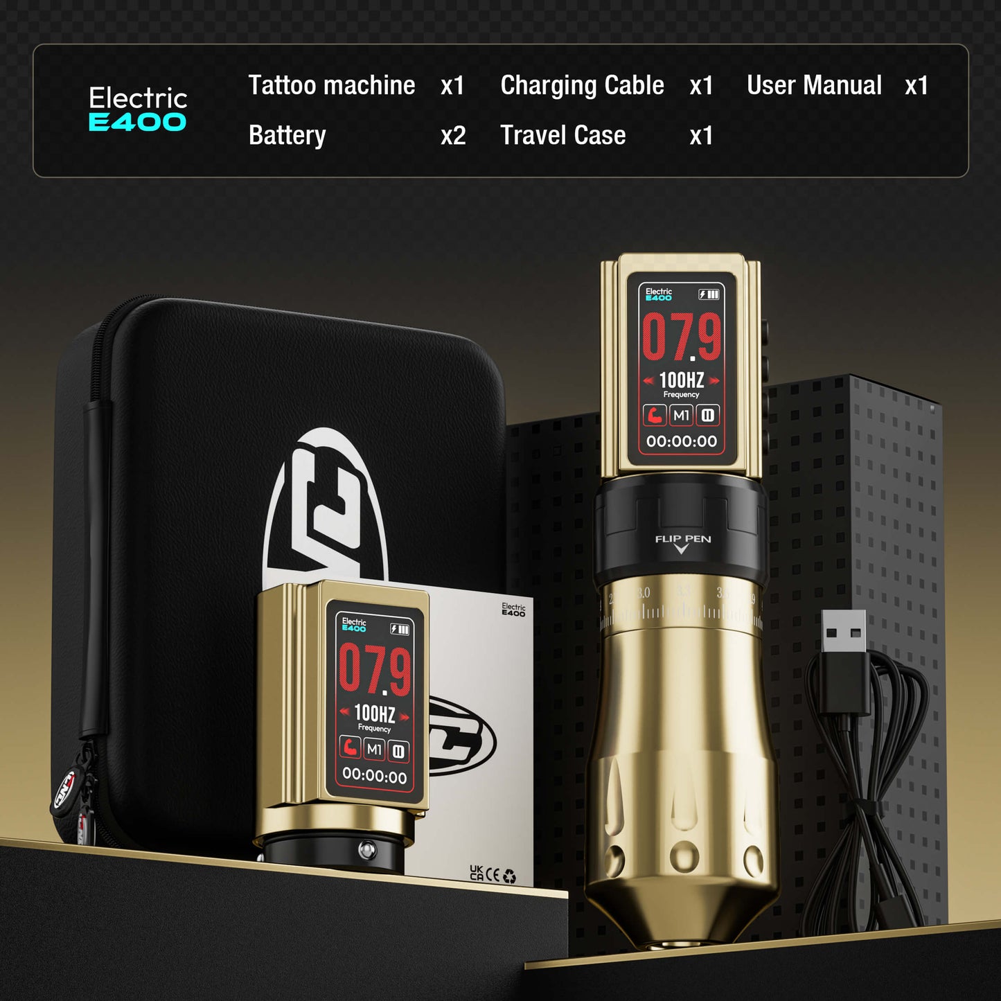 CNC E400 Wireless Tattoo Pen Machine, 3600mAh Dual Battery, Adjustable 7 Strokes (2.4–4.2mm), LED Display, Brushless Motor