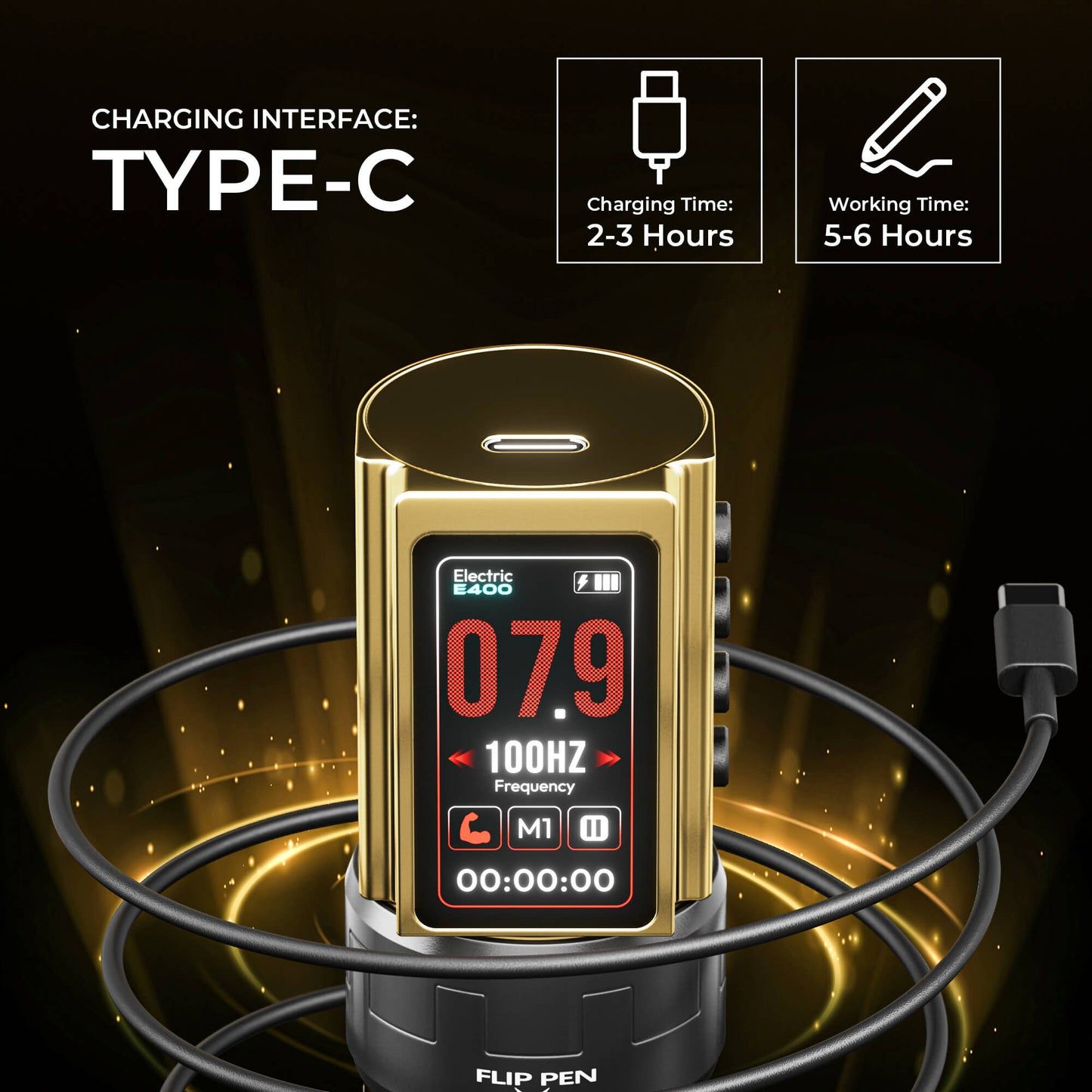 CNC E400 Wireless Tattoo Pen Machine, 3600mAh Dual Battery, Adjustable 7 Strokes (2.4–4.2mm), LED Display, Brushless Motor