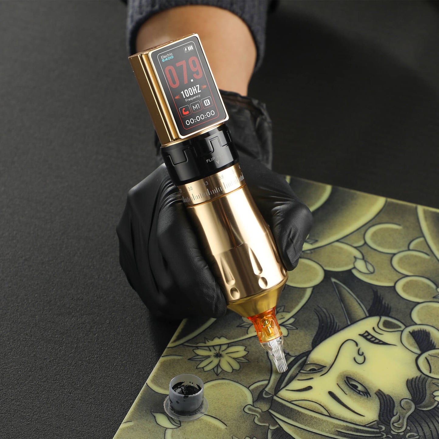 CNC E400 Wireless Tattoo Pen Machine, 3600mAh Dual Battery, Adjustable 7 Strokes (2.4–4.2mm), LED Display, Brushless Motor