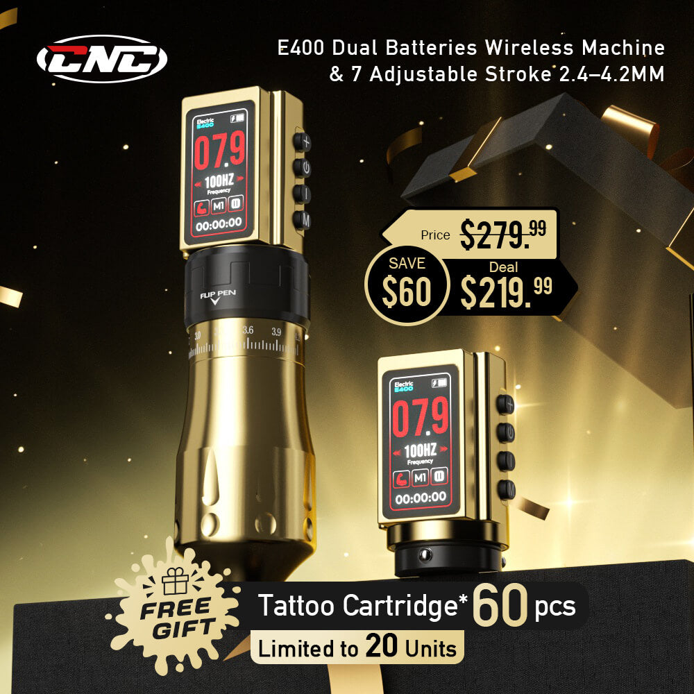 CNC E400 Wireless Tattoo Pen Machine, 3600mAh Dual Battery, Adjustable 7 Strokes (2.4–4.2mm), LED Display, Brushless Motor