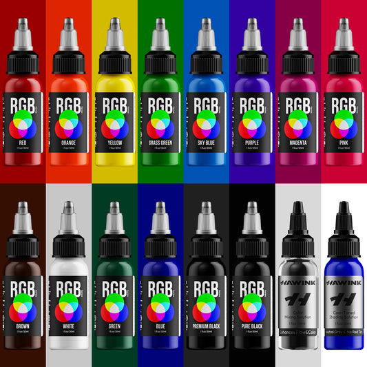 Hawink RGB Tattoo Ink Set 14 Colors and 2 Mixing Solution 1 oz(30ml)